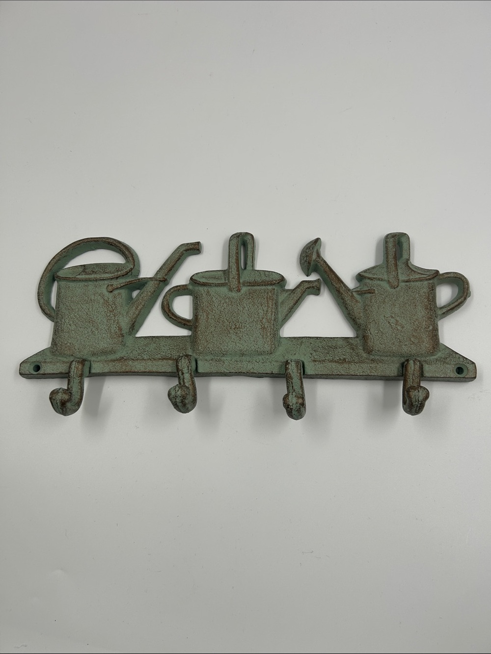 Rustic Cast Iron Green Watering Can Wall Hook Rack - Decorative Garden Decor
